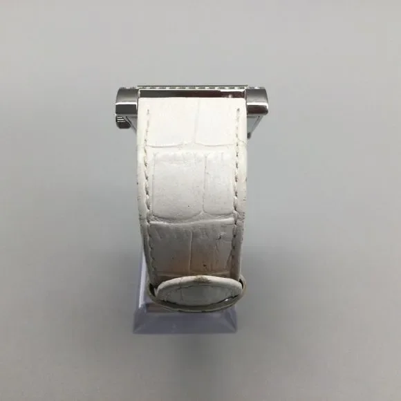 Guess Watch Women Silver Tone 37mm Square Pave White Leather Band New Battery - Picture 4 of 13